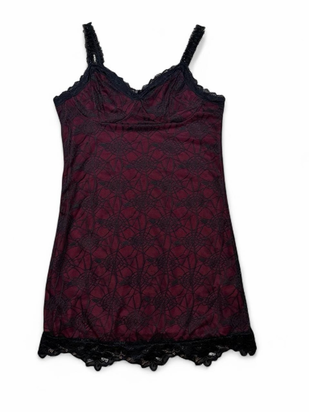 ROMWE Burgundy Slip with Black Spiderweb Lace Trim
